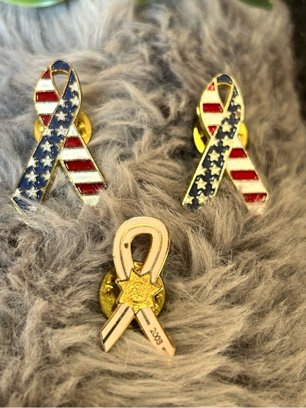 Lot of three tie tac pins patriotic American flag ribbon pink ribbon